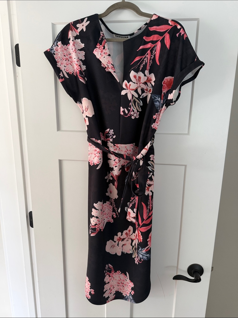 Black Floral Wrap Midi Dress with Pink Print